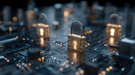 Glowing digital locks are placed on a circuit board symbolizing enhanced digital security in technology.の素材