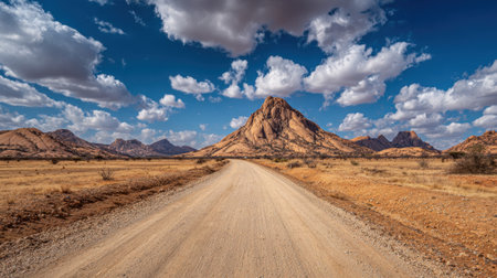 Dusty road winds through golden grassland with impressive mountains under a blue sky filled with clouds.の素材