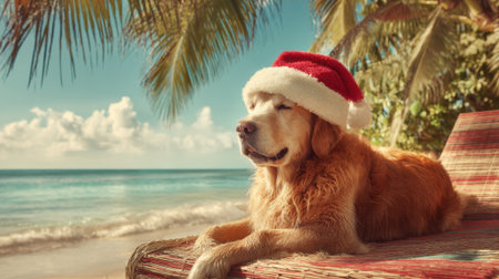 A cheerful golden retriever relaxes on a colorful beach chair wearing a Santa hat enjoying the warm sun and ocean breeze.の素材