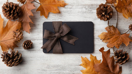 A dark gift card elegantly placed among vibrant autumn leaves and pinecones creating a cozy vibe.の素材