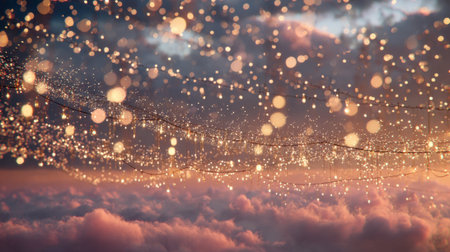 Beautiful sunset casts warm colors across clouds while sparkling lights add a dreamy touch.の素材