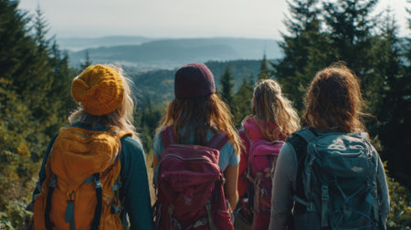A group of four friends admire a beautiful landscape from the mountain trail sharing a peaceful moment.の素材