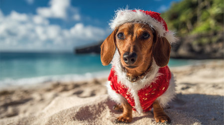 A cheerful dog dons a red Santa outfit while enjoying a sunny day by the beach waves in the background.の素材