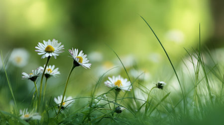 Bright white daisies stand tall among green grass as sunlight filters through trees creating a serene scene.の素材