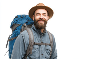 A cheerful hiker poses with a big backpack eager for an outdoor adventure surrounded by nature.の素材
