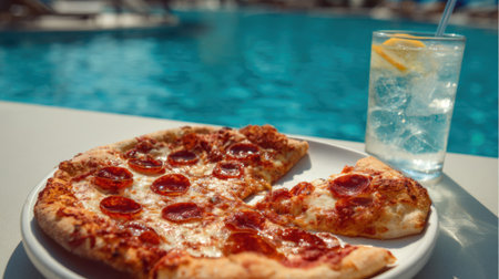A delicious pepperoni pizza sits beside a cool drink near a sparkling pool on a warm afternoon.の素材