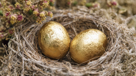 Two shimmering golden eggs sit in a cozy nest surrounded by pretty flowers in a tranquil setting.の素材