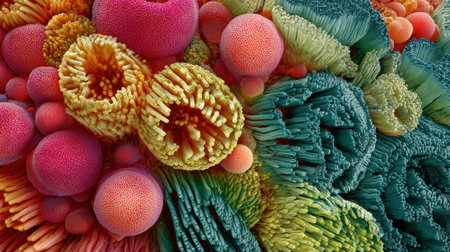 Brightly colored coral formations bloom in vivid hues showing marine biodiversity.の素材