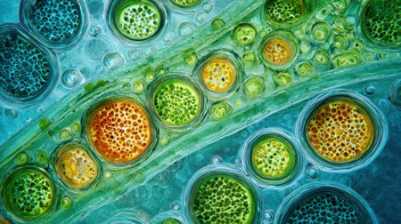 Vibrant spheres of life float in a blue backdrop showcasing stunning patterns and colors reflecting natures diversity.の素材