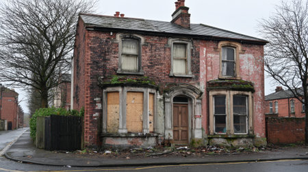 A weathered brick house stands neglected covered in plants showing signs of decay and abandonment.の素材