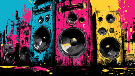 Vibrant speakers stand out with bold colors bringing life to the urban music atmosphere.の素材