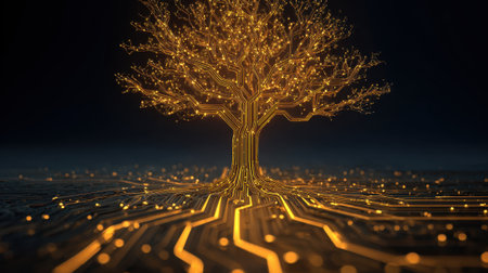 A striking tree made of glowing circuits stands tall surrounded by a dark captivating environment emanating energy as it merges nature with technology.の素材