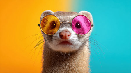A playful ferret sports colorful round glasses looking directly at the viewer in a lively setting.の素材