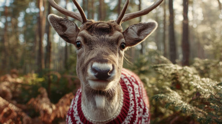A beautiful deer in a festive sweater stands among ferns basking in the soft morning sun.の素材