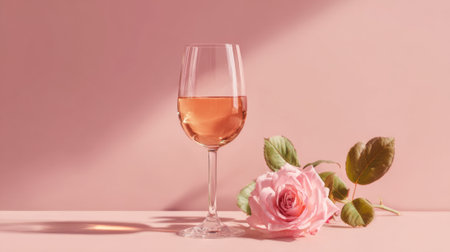 A delicate rose lies beside a filled glass of rose wine both against a soft pink background.の素材