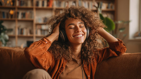 Relaxed young woman with curly hair joyfully listens to music in a bright inviting space adorned with greenery.の素材