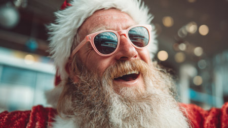 A joyful person in a Santa outfit blends holiday cheer with fun wearing sunglasses and smiling brightly.の素材