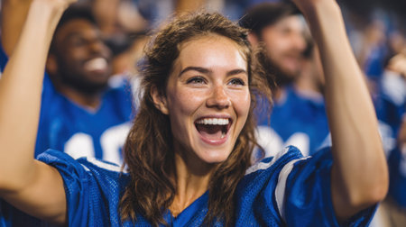 Fans celebrate passionately as their team scores creating an electric atmosphere in the stadium.の素材