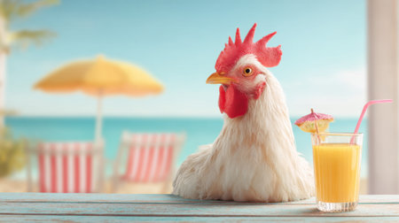 A delightful chicken relaxes at a beachside table with a bright drink enjoying a sunny afternoon.の素材