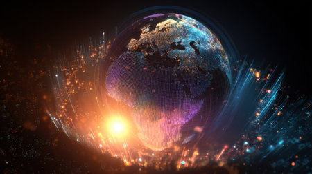 Earth shines brightly in space surrounded by colorful lights and energy capturing a cosmic moment.の素材