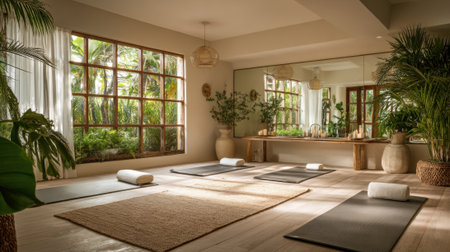A calming yoga studio features mats and props amidst tropical plants and natural sunlight.の素材