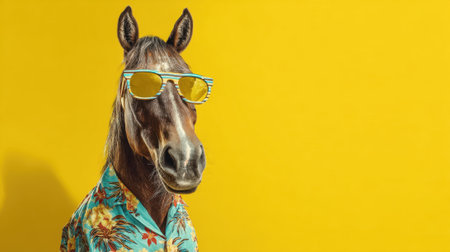A stylish horse enjoys the spotlight wearing sunglasses and a colorful floral shirt.の素材