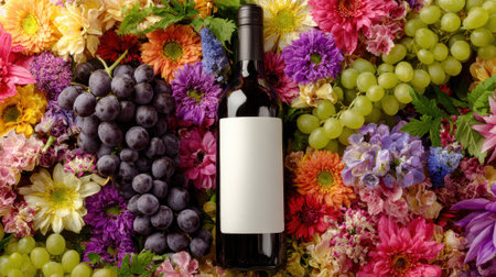 A vibrant collection of flowers and grapes surrounds a wine bottle showing natures beauty and abundance.の素材