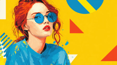 Young woman with red hair and blue sunglasses poses confidently in front of a bright background.の素材