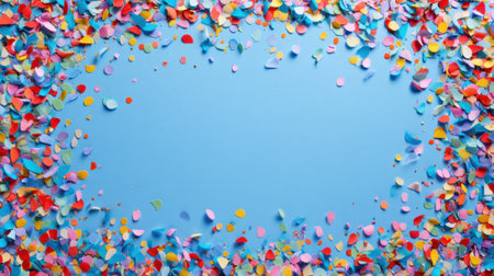 Colorful pieces of paper confetti lay scattered across a vivid blue surface evoking celebration and fun.の素材