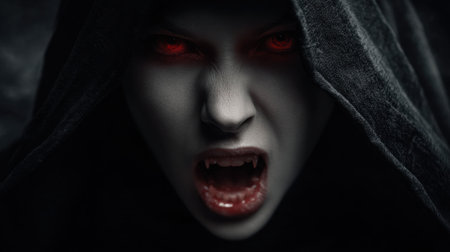 A mysterious figure with glowing red eyes emerges from dark shadows showing sharp fangs and an intense expression.の素材