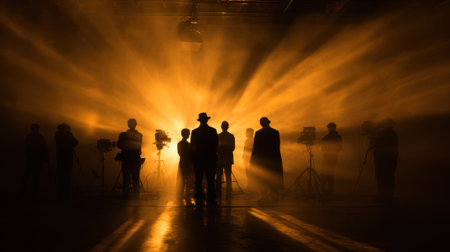 People stand in shadow against bright beams of light creating a captivating and artistic atmosphere.の素材