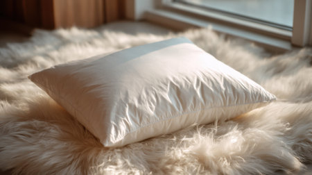 A cozy white pillow lies gently on a soft fluffy rug near a bright window inviting relaxation.の素材