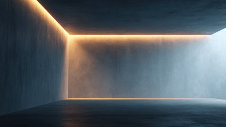 Soft glow illuminates a spacious empty room with smooth concrete surfaces and gentle shadows.の素材