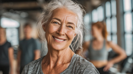 A joyful senior woman stands in a modern gym surrounded by others focusing on their fitness goals.の素材