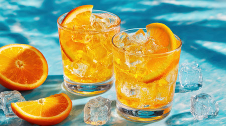 Two glasses filled with ice and a vibrant orange drink are set against a blue background evoking summer.の素材