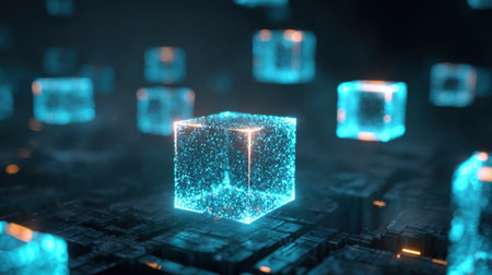 Glowing cubes float in a dark space illuminating the atmosphere with blue light and energy.の素材