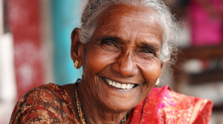 Elderly woman beams with joy showcasing wisdom and warmth while sitting outdoors in the market.の素材