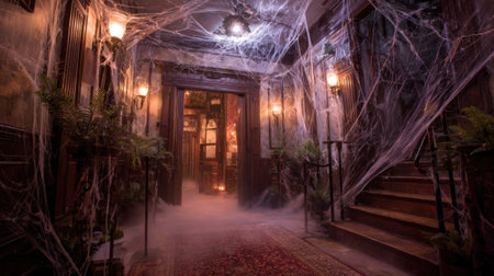 A dark hallway filled with cobwebs and fog sets a spooky scene enhanced by flickering lights and shadows.の素材