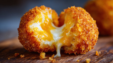 A delicious cheese ball is split open, revealing its gooey melted center. The golden crust adds to its allure, perfect for a cozy snack or appetizer.の素材