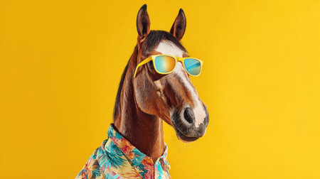 A playful horse sports a colorful tropical shirt and stylish sunglasses posing joyfully.の素材