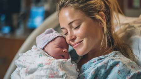 Celebrating the bond between a mother and her newborn in a bright hospital room of love.の素材