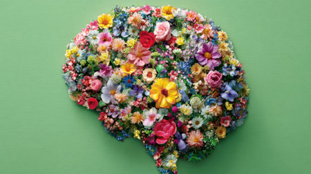 A beautiful arrangement of flowers shaped like a brain symbolizes creativity and growth.の素材