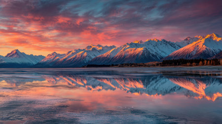 Sunset illuminates the sky with vibrant colors mirroring the majestic mountains and still lake below.の素材