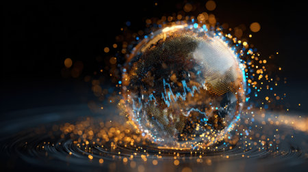 A luminous globe radiates energy with colorful sparks dancing around it in a dark setting.の素材