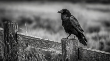 A raven sits calmly on a wooden fence surrounded by a tranquil and blurred countryside scene.の素材