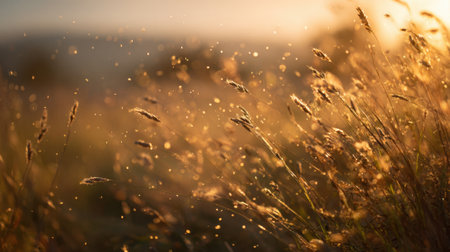 Soft rays of golden sunlight illuminated tall grass creating a dreamy and serene atmosphere.の素材