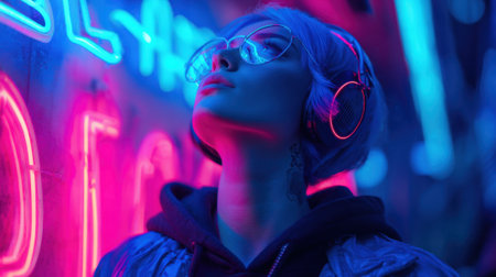 Vivid neon lights create a dreamy atmosphere as a young person enjoys music in a bustling city.の素材