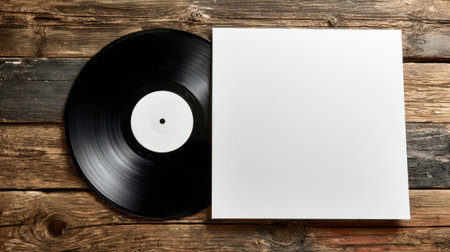 A classic black vinyl record lies next to a pristine white cover offering a nostalgic vibe.の素材