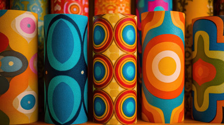 Vibrant cylinders display intricate designs in bold colors emphasizing creativity and artistic expression.の素材
