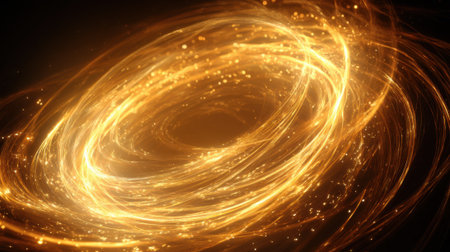 A brilliant swirl of golden light creates a stunning vortex in a dark cosmic setting.の素材